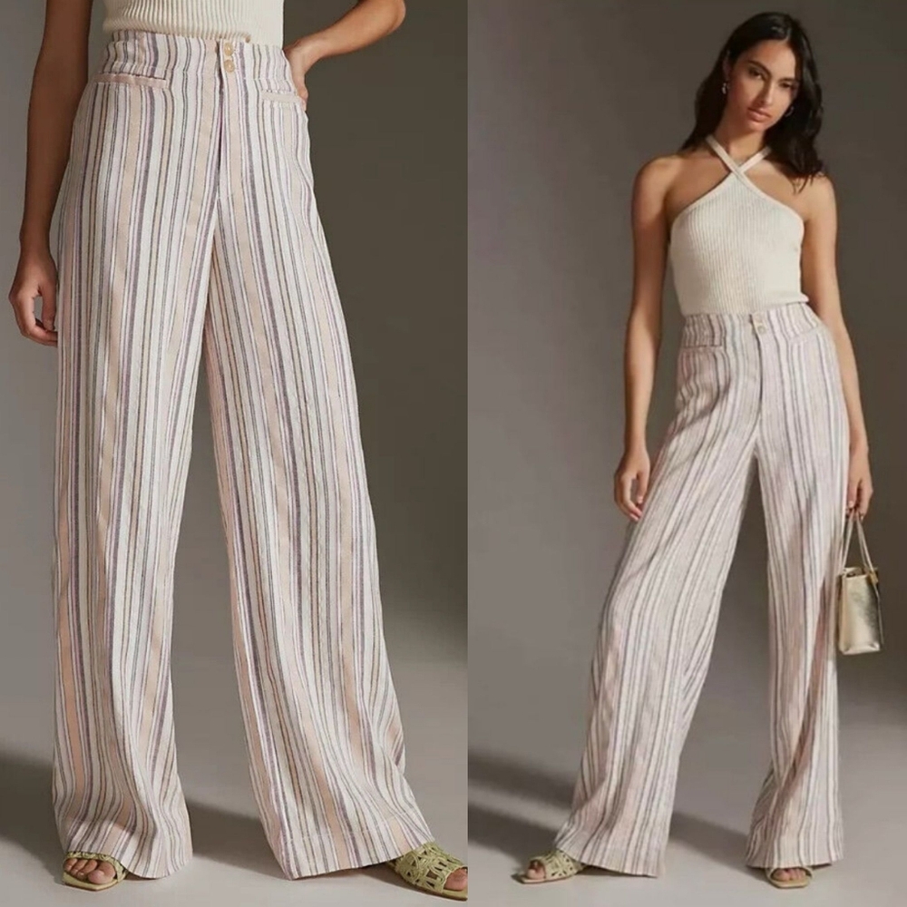 Maeve Anthropologie Wide Leg Stripped Linen Blend Pants Cream Tan Pink Size 4